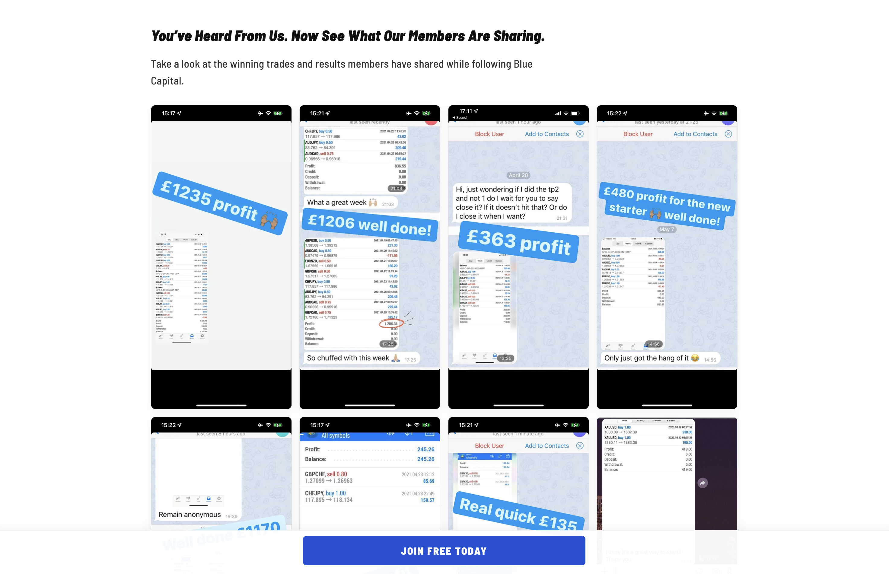 Blue Capital member trading results and shared profit screenshots